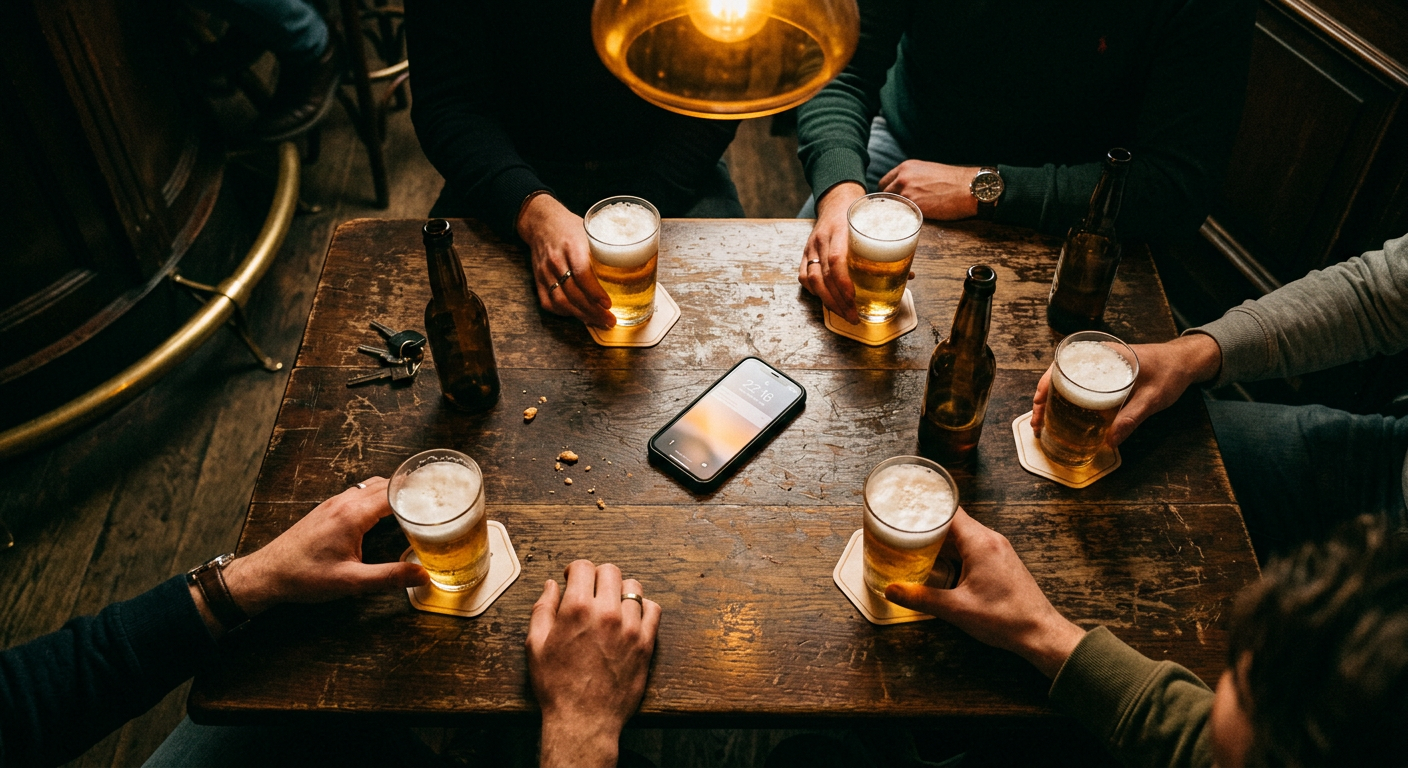 Een cafétafel met glazen bier, bierviltjes en een telefoon in het midden